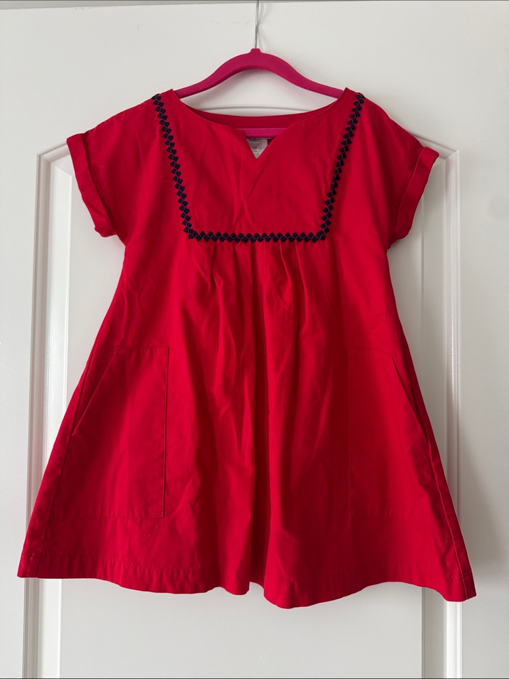 Jacadi Bright Red Short-Sleeve A-Line Dress with Navy Trim